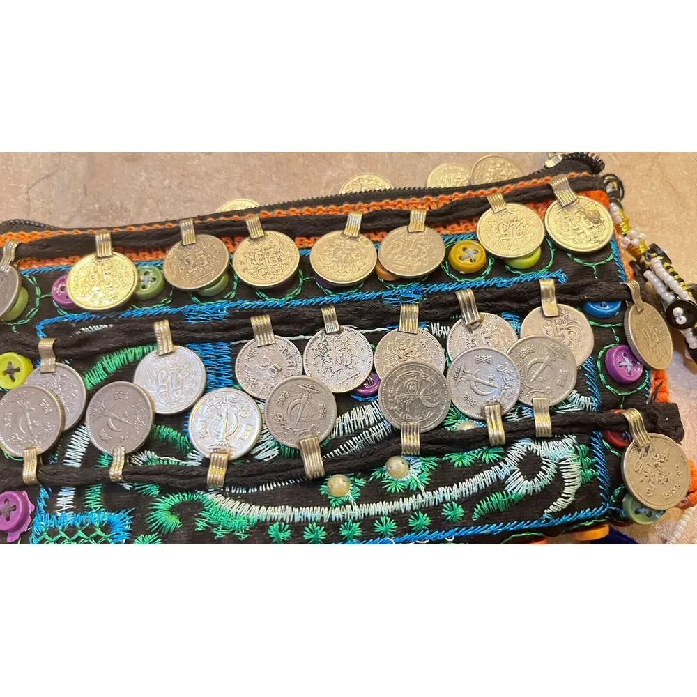 Pakistan 48 Paisa Coin Decorated Purse With Beads Embroidery 1969-1981 Dated - Picture 3 of 16